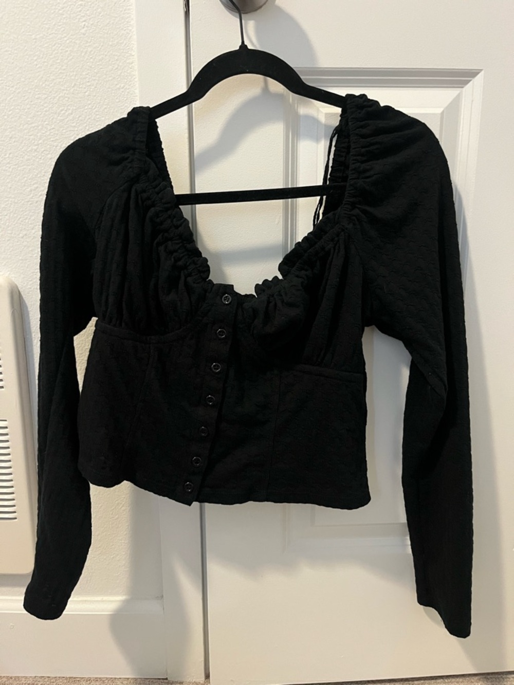Free People Black Ruched Button-Front Long Sleeve Top